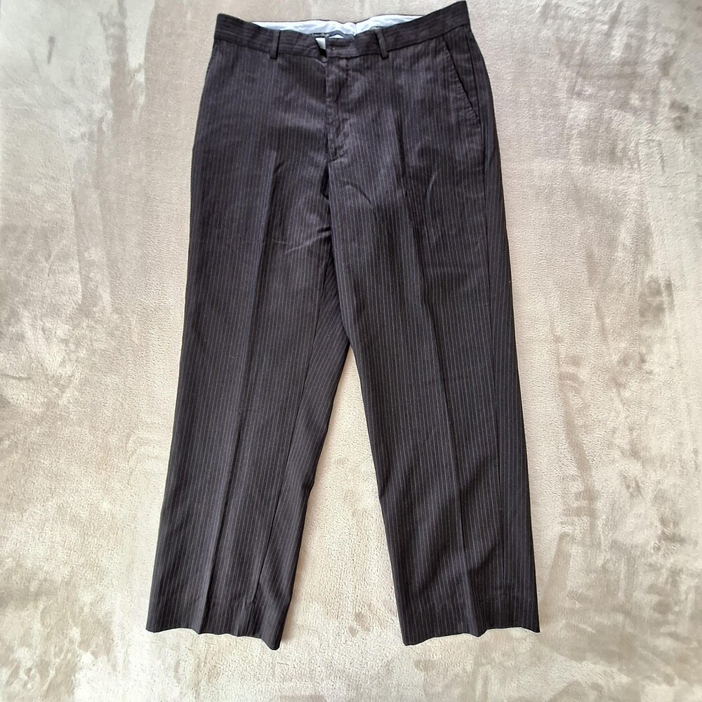 Barneys New York Dress Pants Mens 34x27 Brown Stripe Wool Flat Front Made Italy
